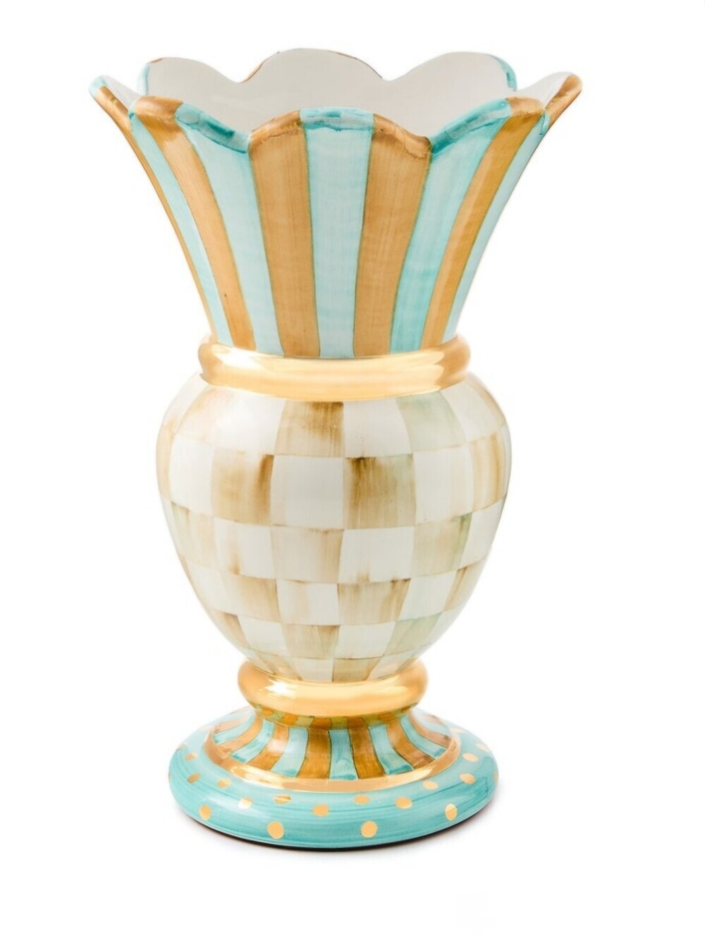 NEW! MacKenzie-Childs Turquoise & Gold Striped & Checkered Vase, Parchment Check